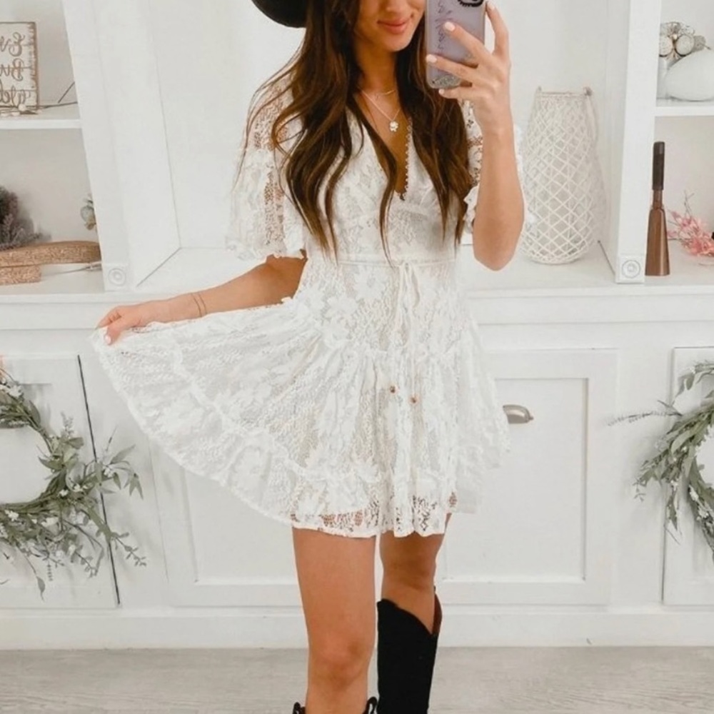 Olivaceous white lacy mini dress!